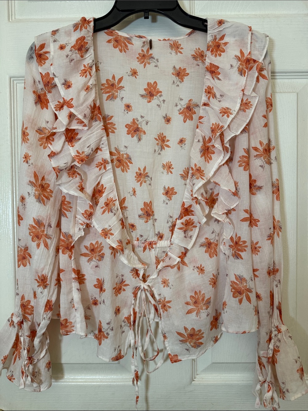 Free People White Blouse with Orange Floral Ruffles Sz XS